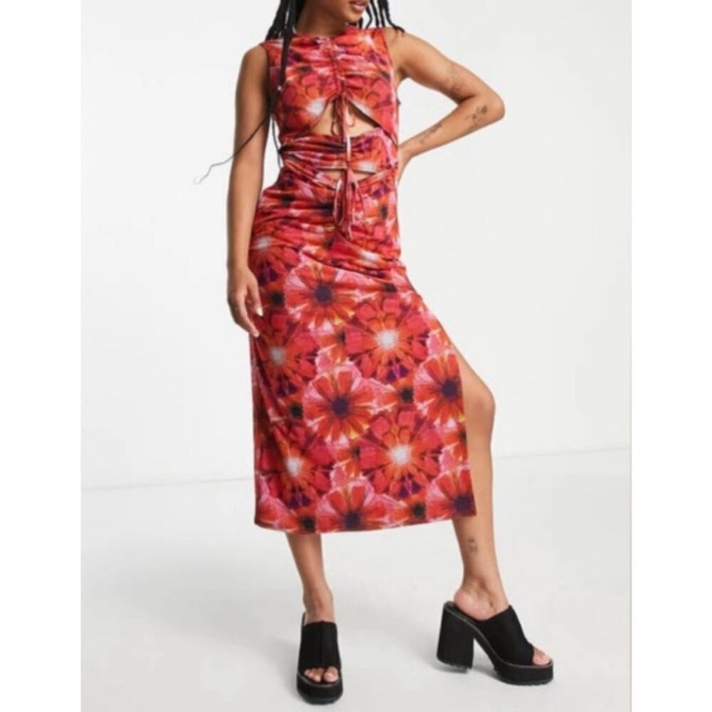 Topshop Petite Floral Lace-Up Bodycon Midi Dress SZ 10